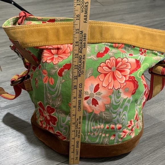 LUCKY BRAND VTG Y2K Floral Blossom Green Canvas Suede Boho Tote Handbag - Picture 8 of 13